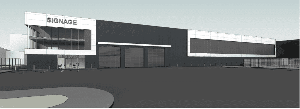 Artist rendering of a multi-level self storage building with white and gray accents and modern architecture